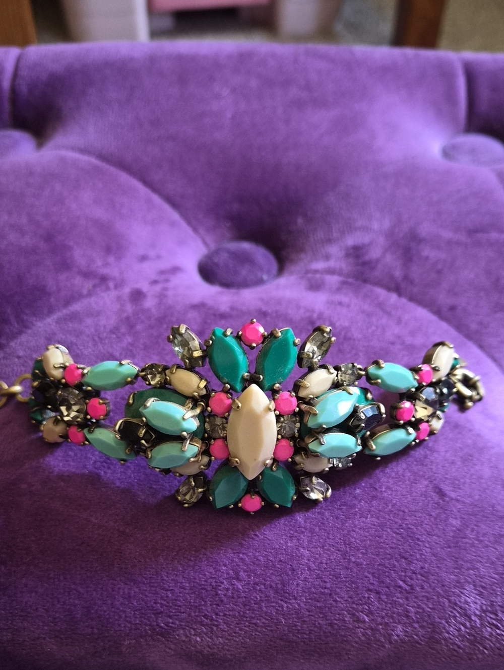 NWOT J. Crew Statement Floral Crystal Bracelet in Teal, Cream & Hot Pink